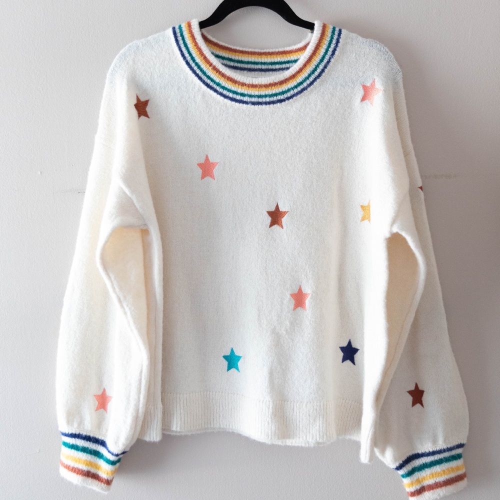 VICI Collection Hearst Star Embroidered Knit Sweater in Cream